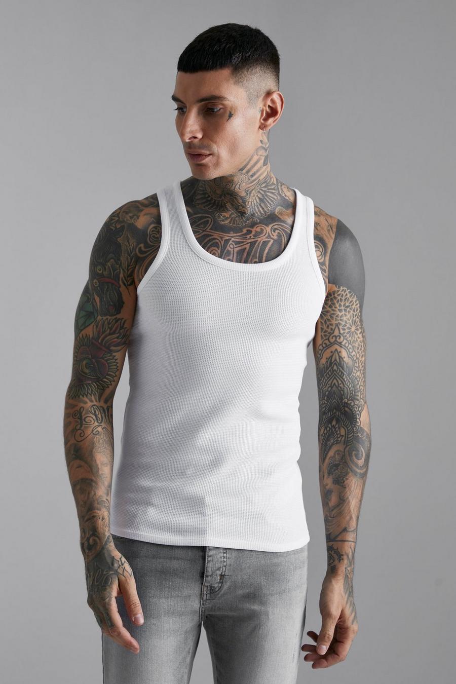 White Slim Fit Waffle Tank Top image number 1