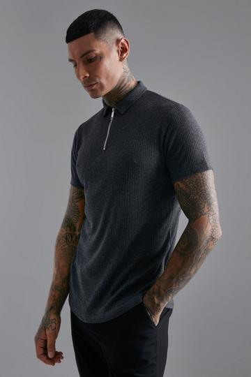 Grey Smart Ribbed Zip Neck Polo