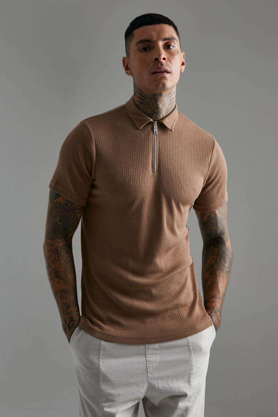 Coffee Smart Ribbed Zip Neck Polo image number 1