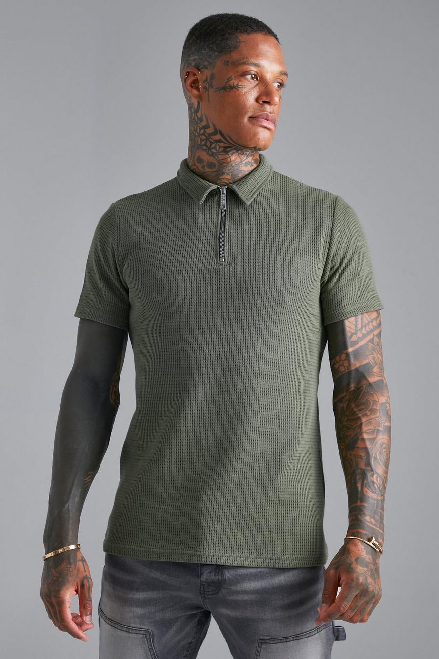 Olive green Smart Waffle Zip Neck Polo