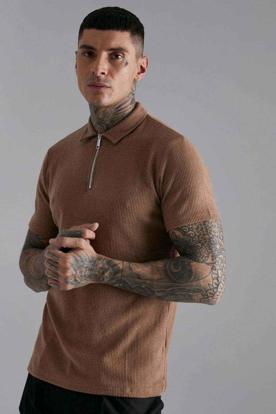Coffee Smart Brushed Rib Zip Neck Polo image number 1