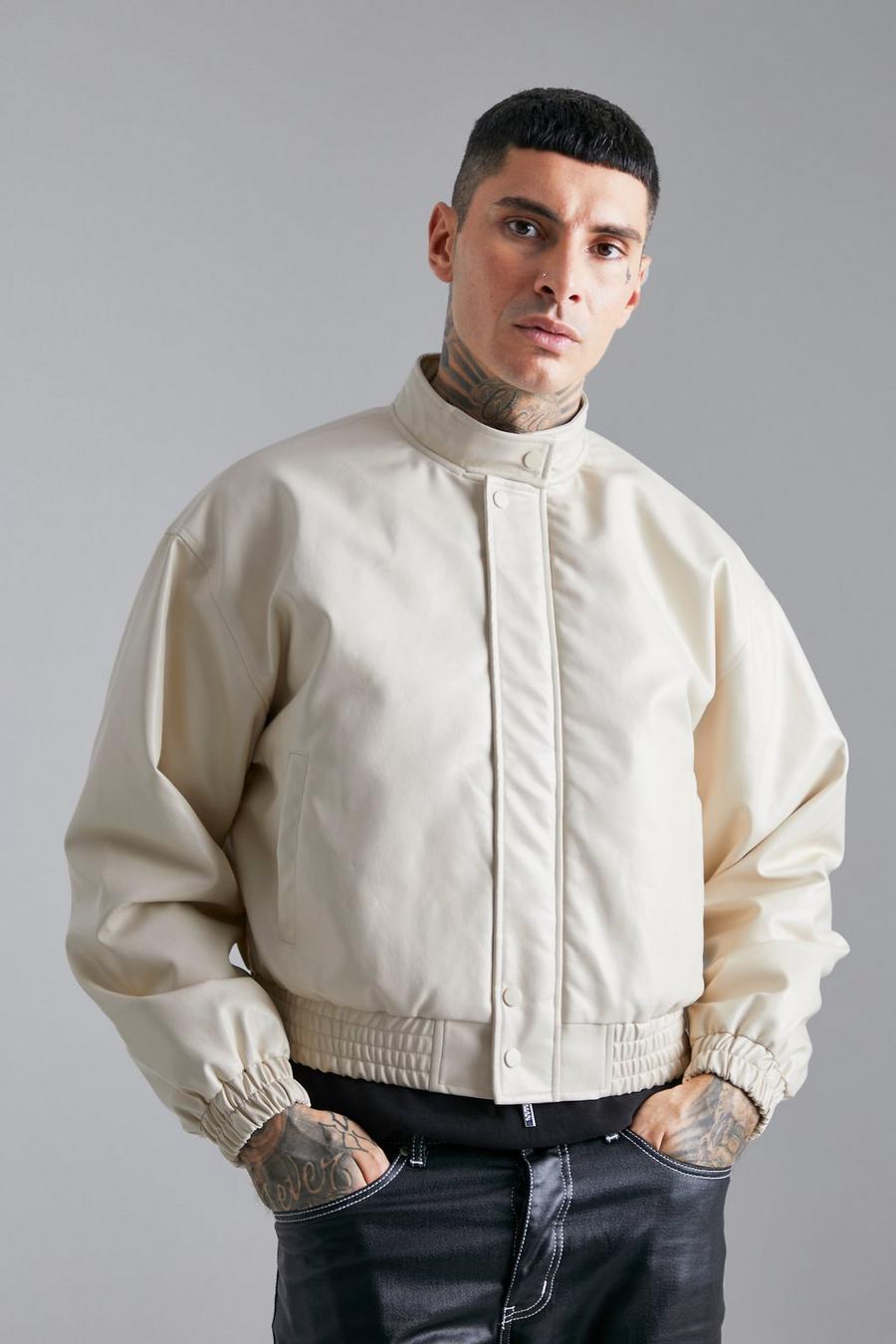Kastige PU-Jacke mit Trichterkragen, Ecru blanc