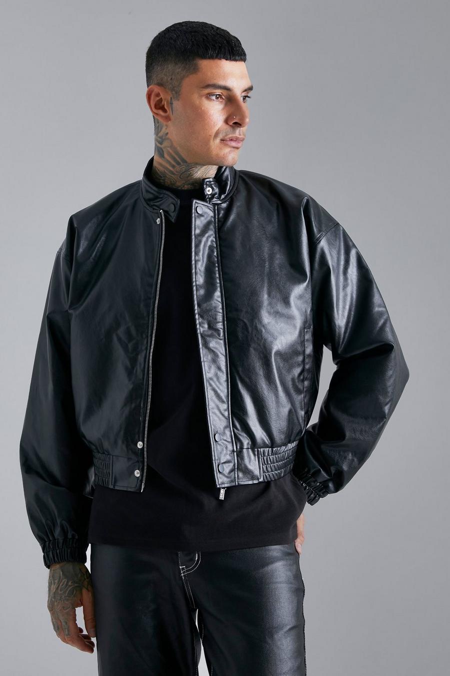 Kastige PU-Jacke mit Trichterkragen, Black schwarz