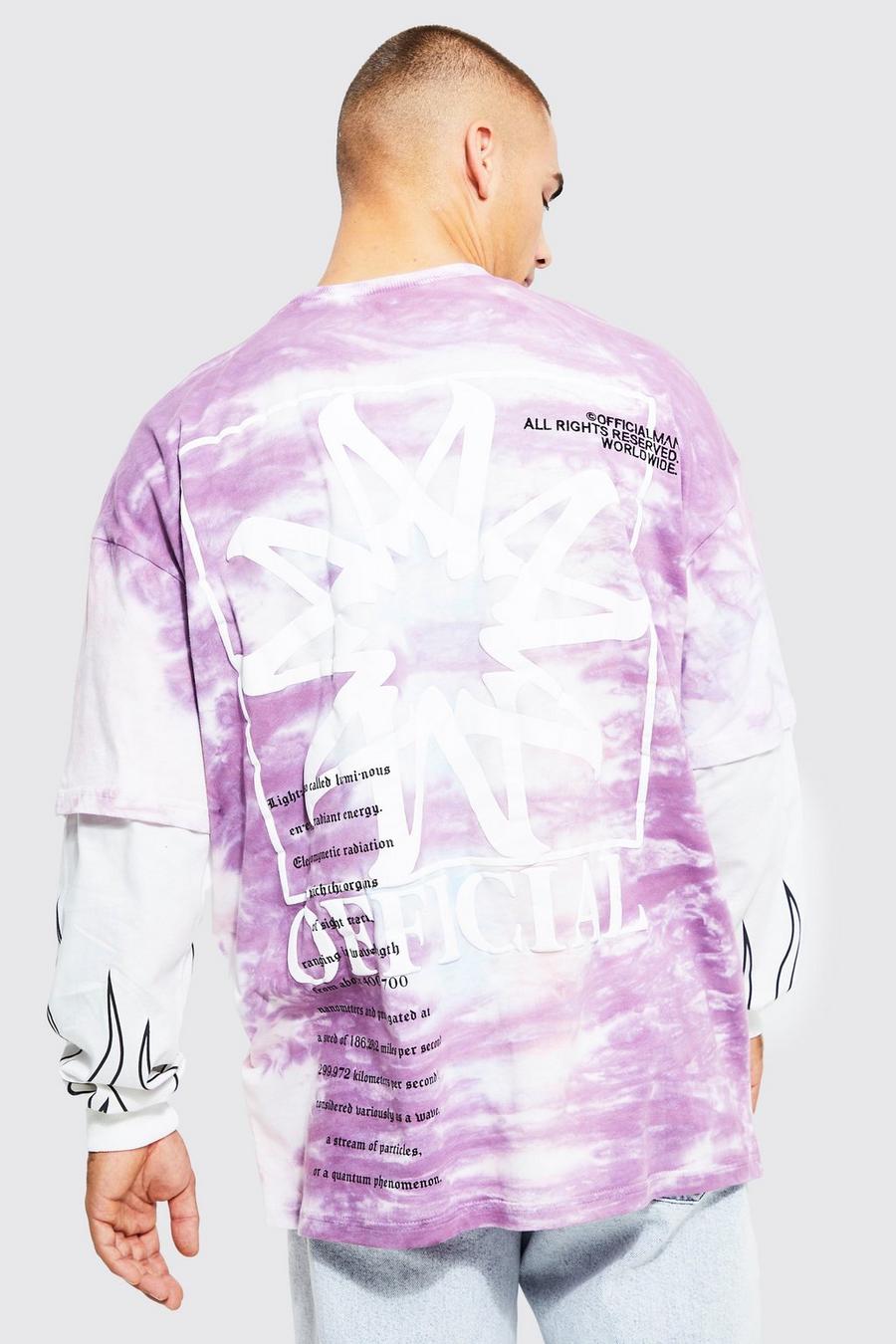 Camiseta oversize con capa falsa y estampado gráfico desteñido anudado, Purple image number 1