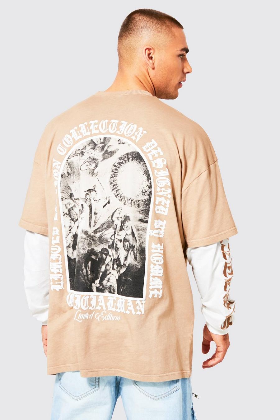 Sand Oversized Faux Layer Photographic T-shirt image number 1