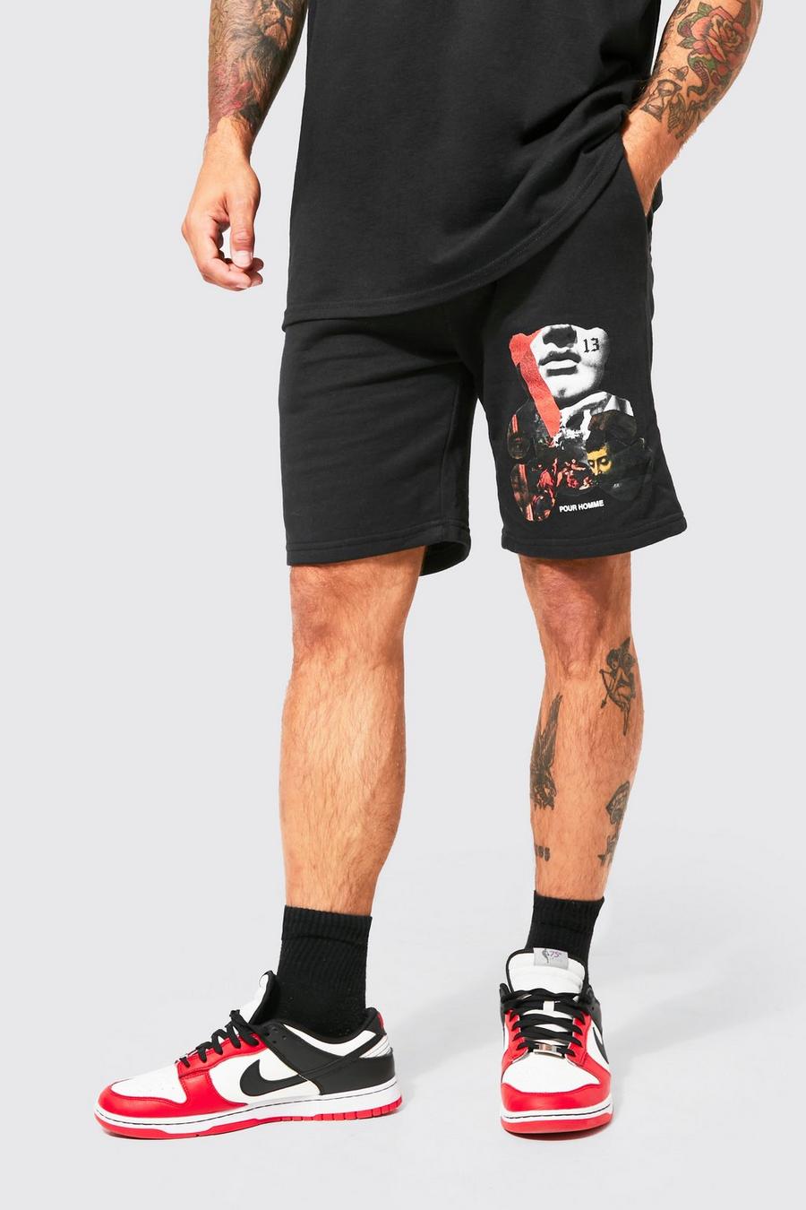 Black Loose Fit Bear Graphic Jersey Shorts image number 1