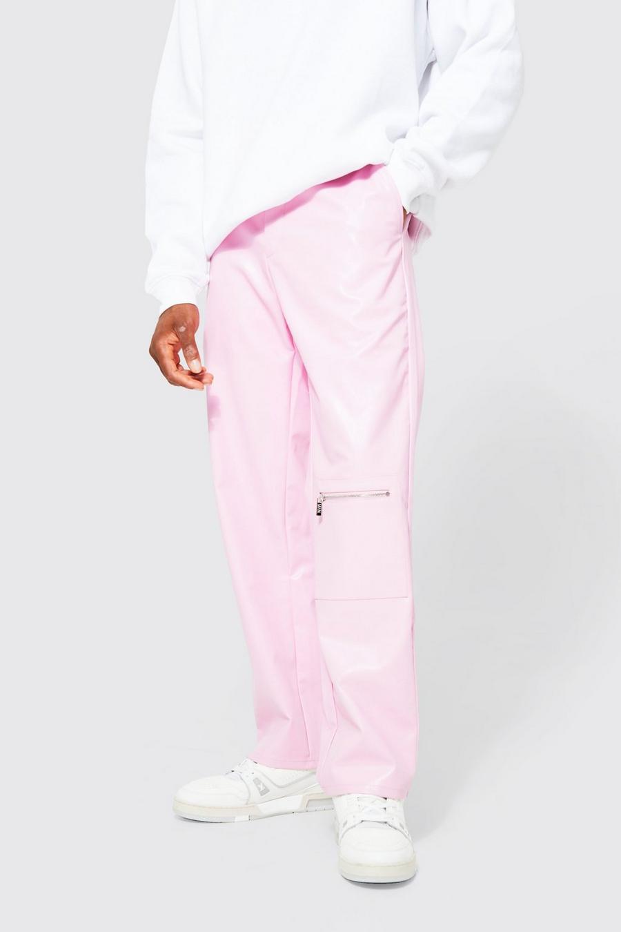 Pink Fixed Waist Straight Knee Pocket PU Trouser image number 1