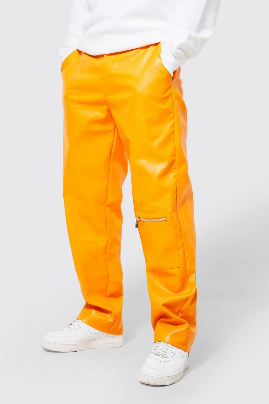 Pantalon droit zippé en simili, Orange image number 1
