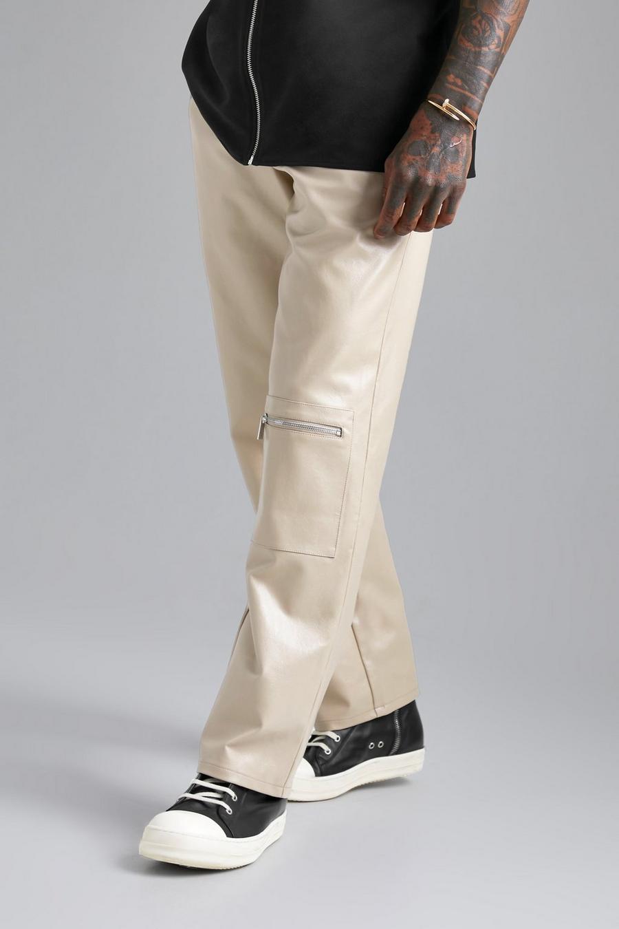 Stone Fixed Waist Straight Knee Pocket PU Trouser image number 1