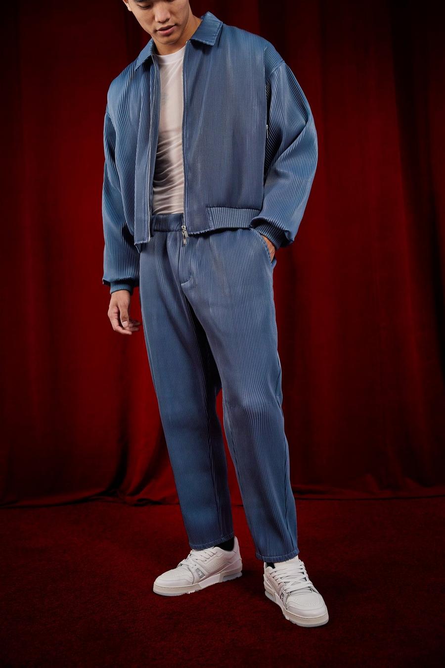 Pantalón de cuero sintético ajustado plisado, Dusty blue azul image number 1