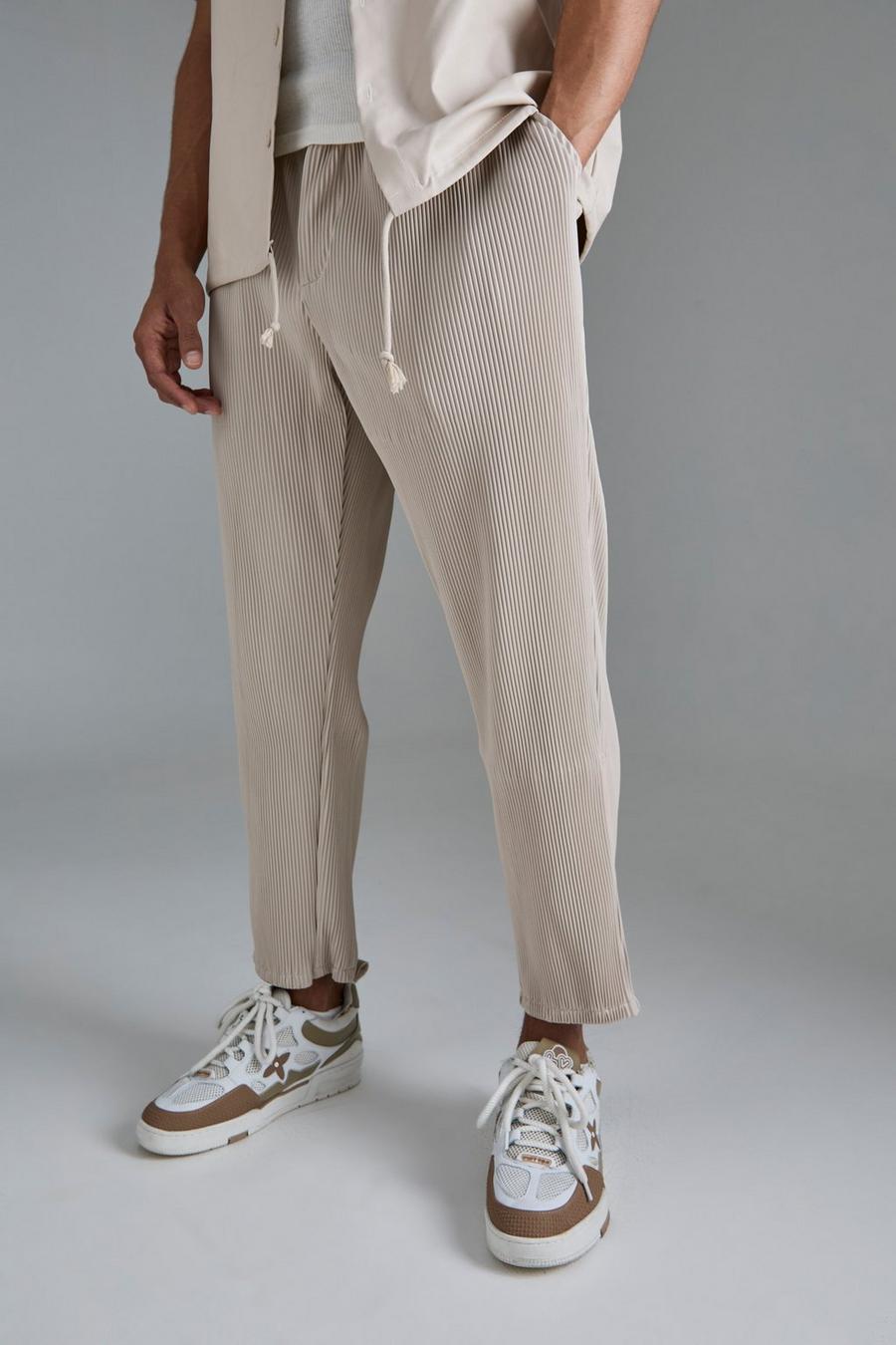 Pantalón de cuero sintético ajustado plisado, Ecru
