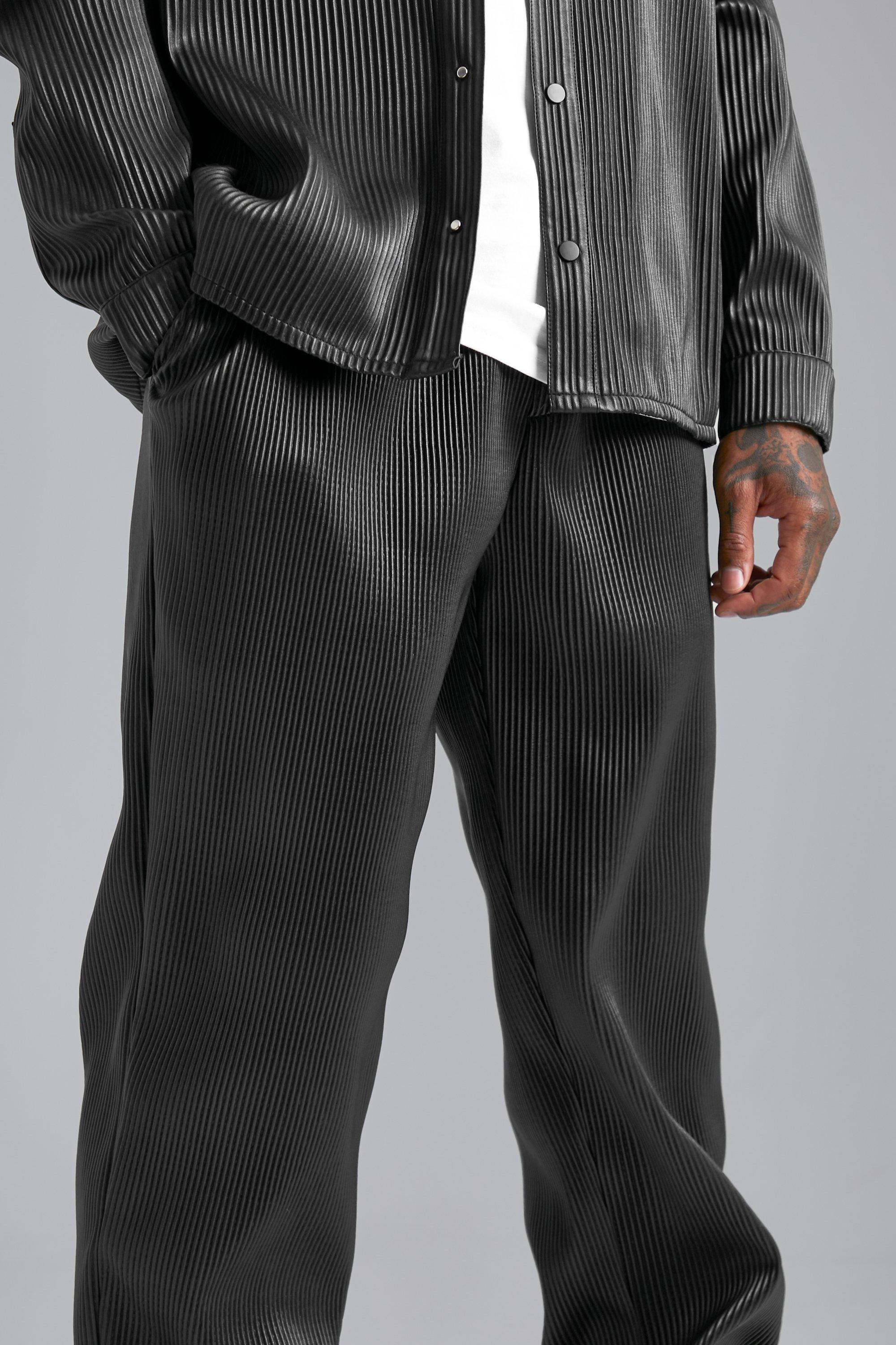 Men's Elastic Waist Straight Fit Pleated PU Trouser