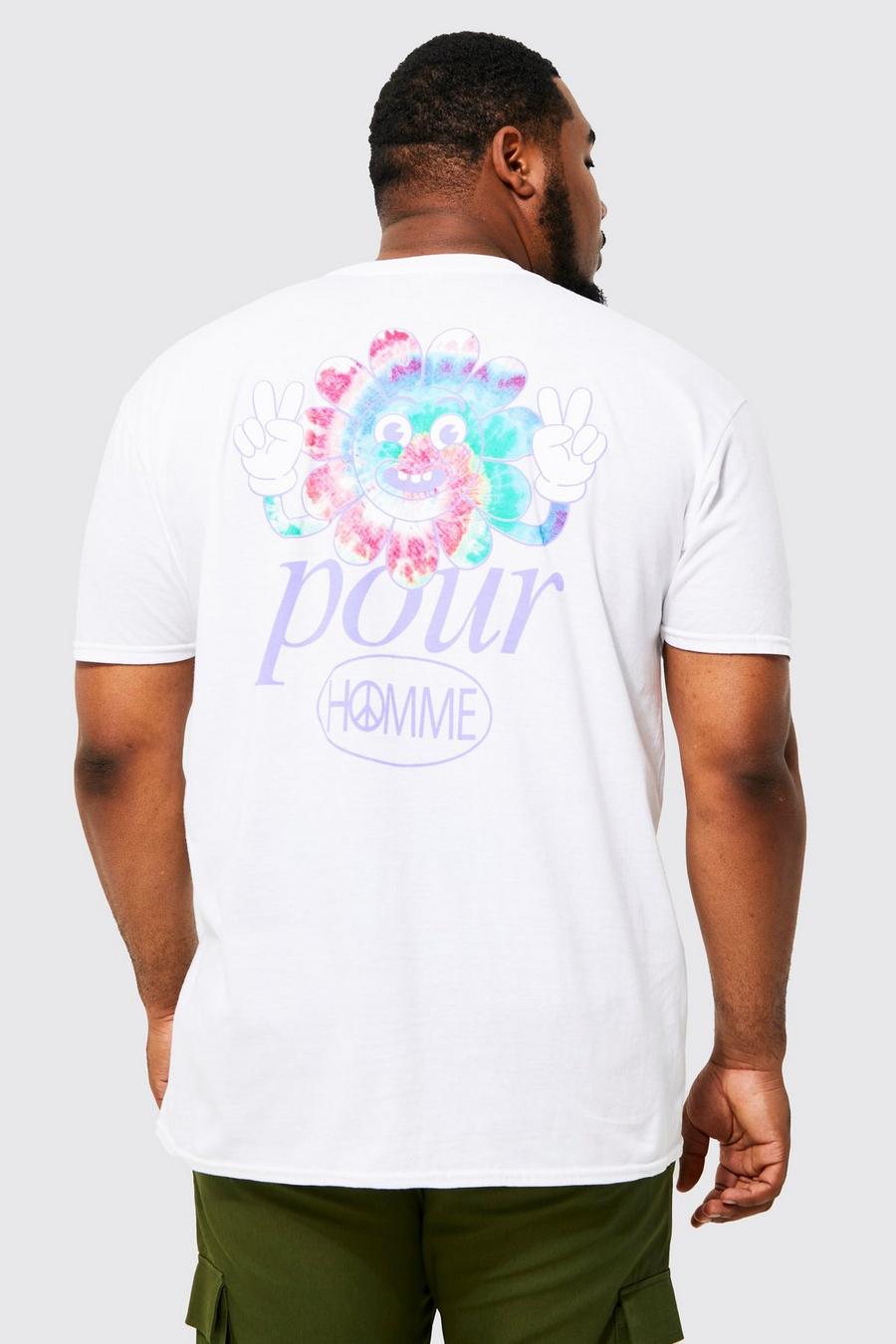 T-shirt Plus Size in fantasia tie dye con stampa di Smiley e fiori, White