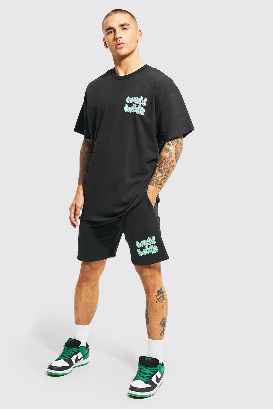 Black svart Oversized Worldwide T-shirt And Short Set