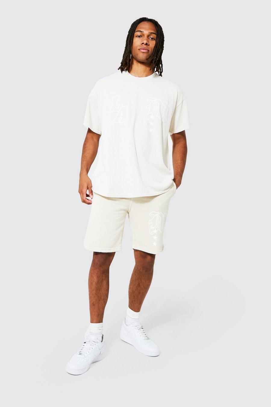 Oversize T-Shirt und Shorts mit LA-Print, Sand beige image number 1
