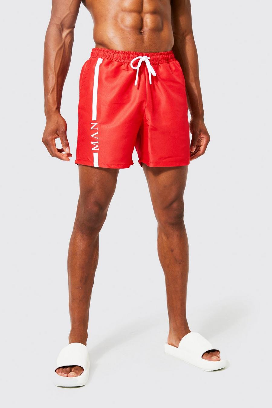 Red Mid Length Man Line Swim Shorts image number 1