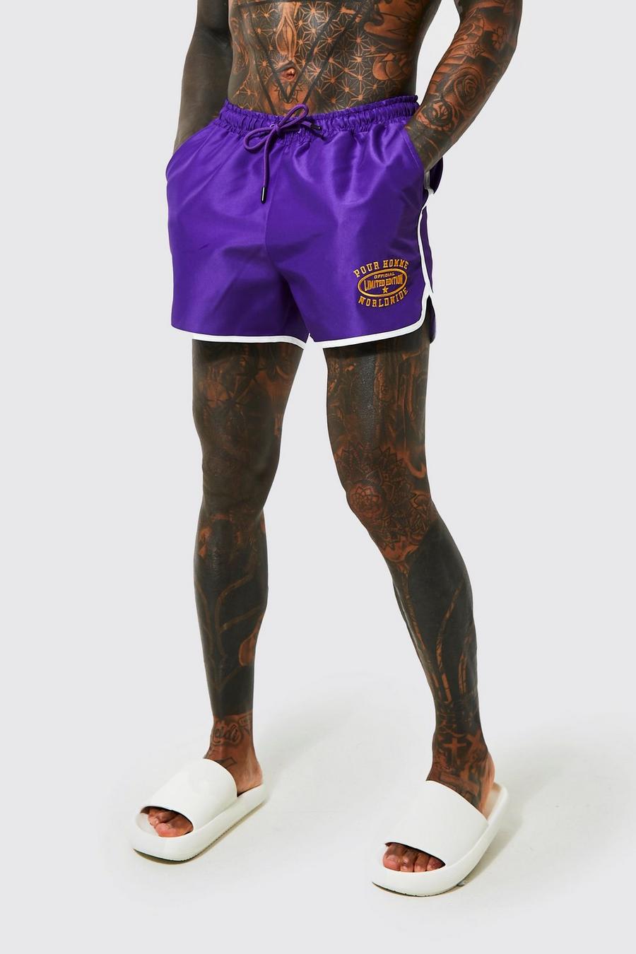 Purple Short Length Embroidered Varsity Runner Swim