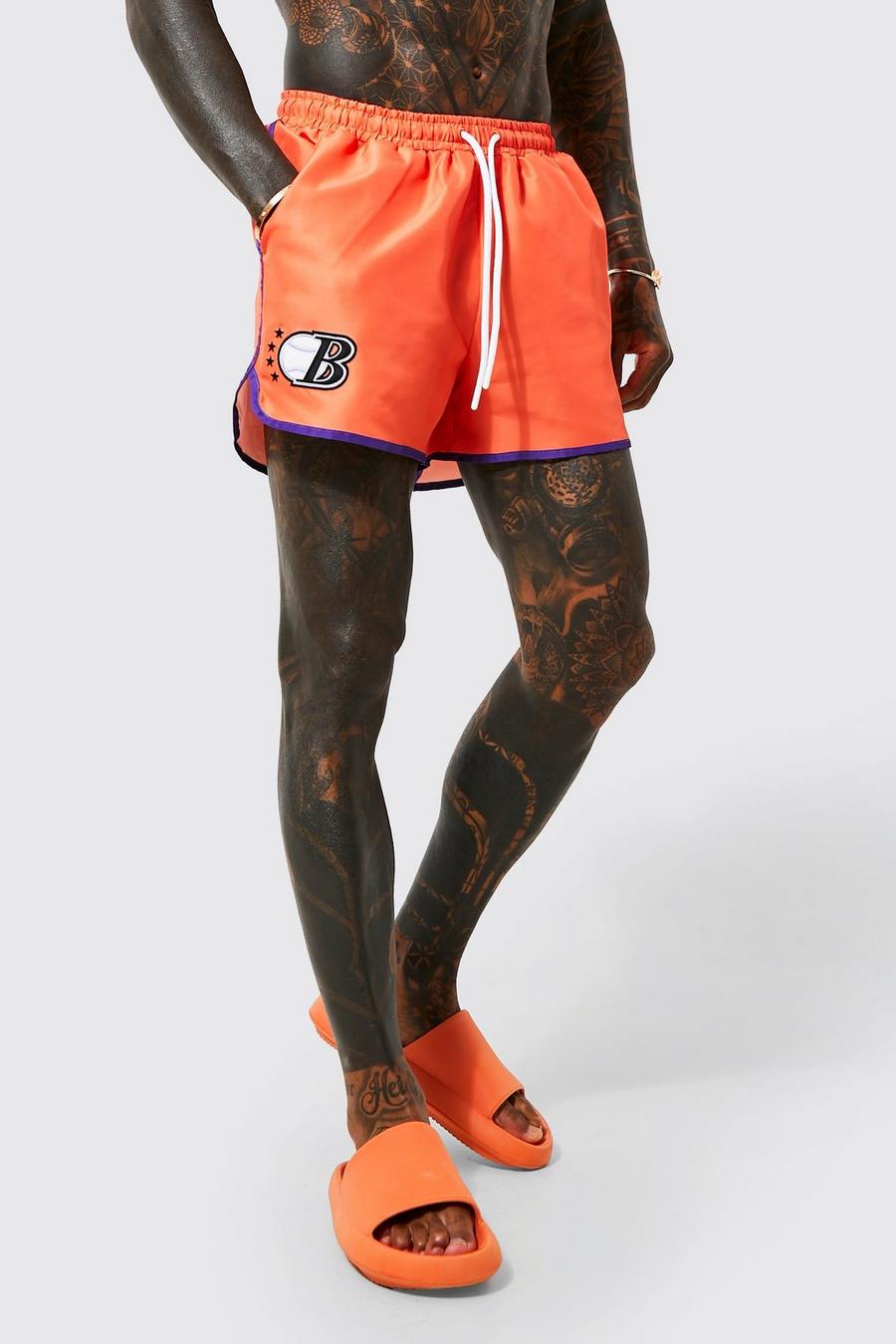 Orange Short Length Embroidered Varsity Runner Swim