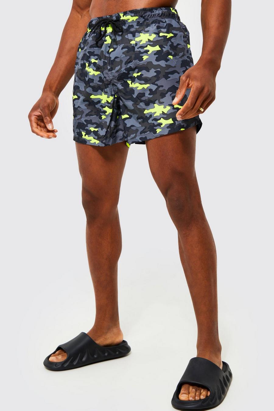 Neon-yellow Mid Length Camo Swim Shorts image number 1