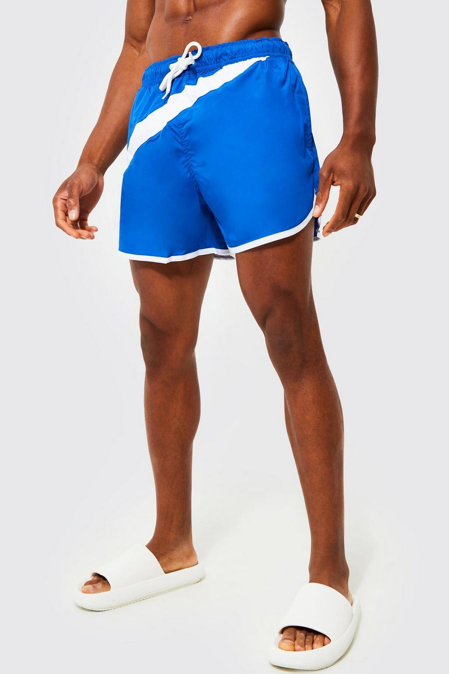 Blue Short Length Stripe Runner Swim Shorts image number 1