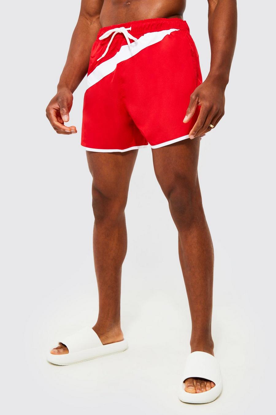 Red Short Length Stripe Runner Swim Shorts image number 1