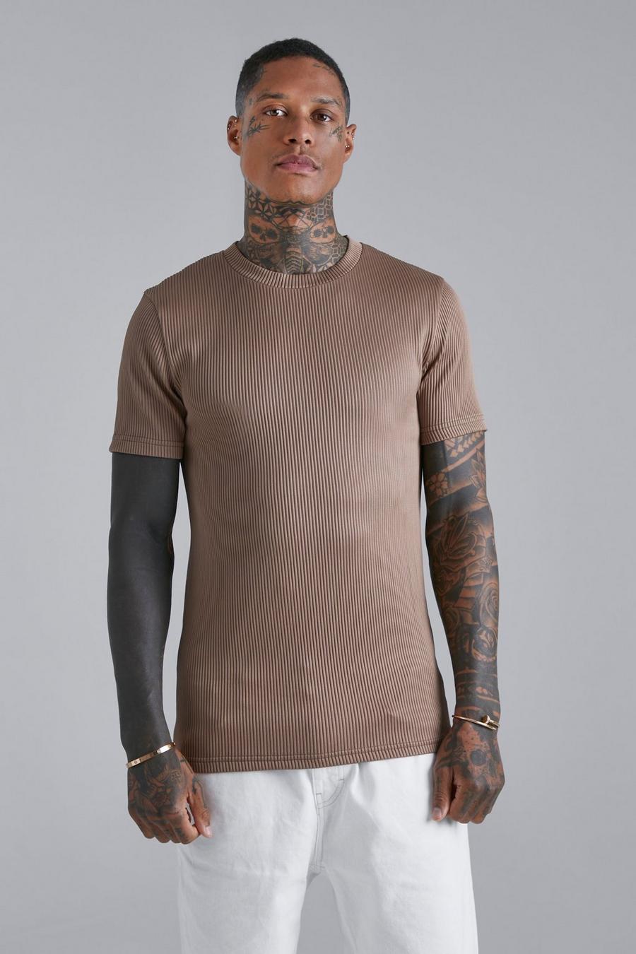 Mocha beige Pleated Muscle Fit Extended Neck T-shirt