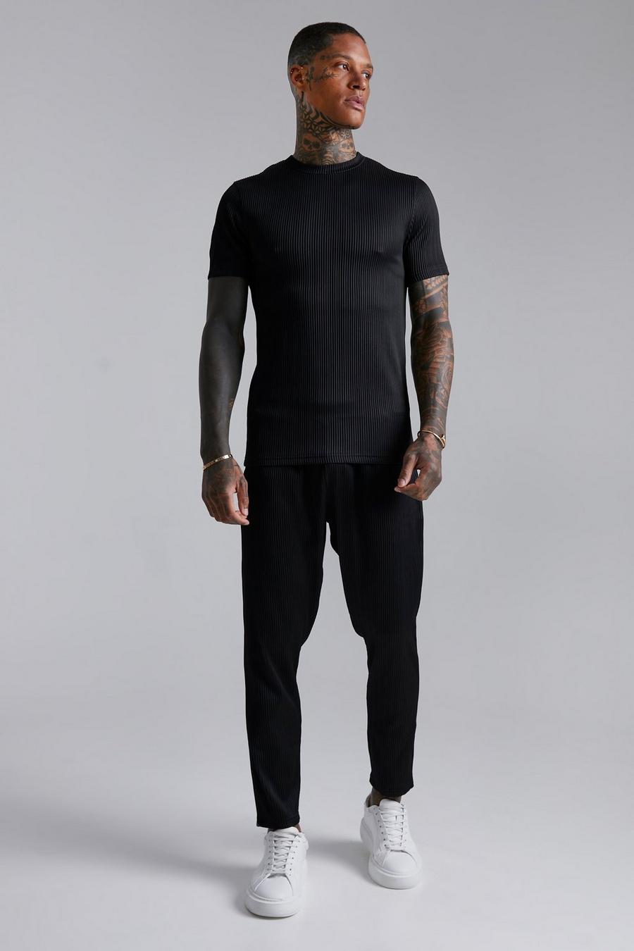 Conjunto de pantalón deportivo y camisa plisada ajustada al músculo, Black negro
