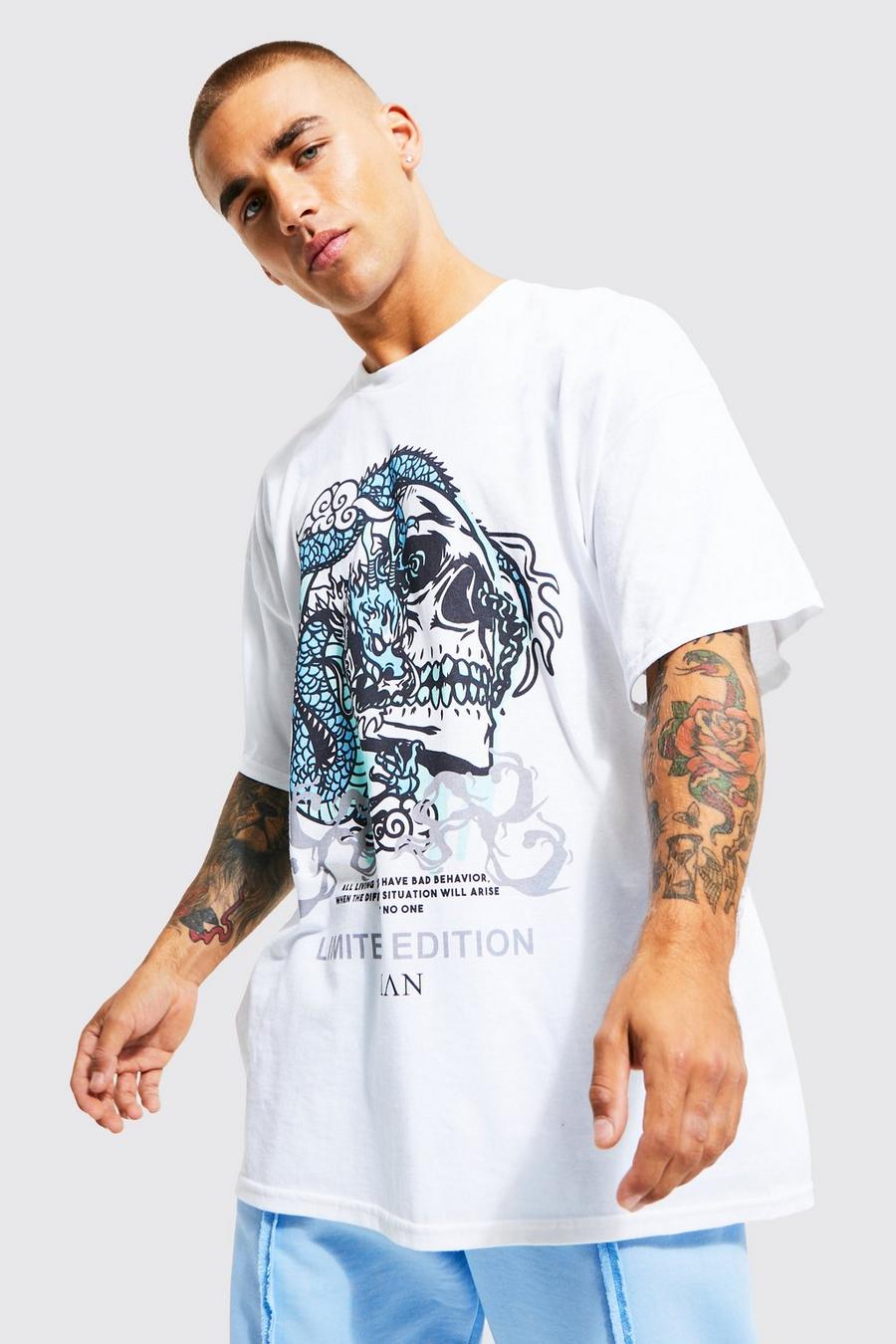 White Oversized Skull And Dragon T-shirt image number 1