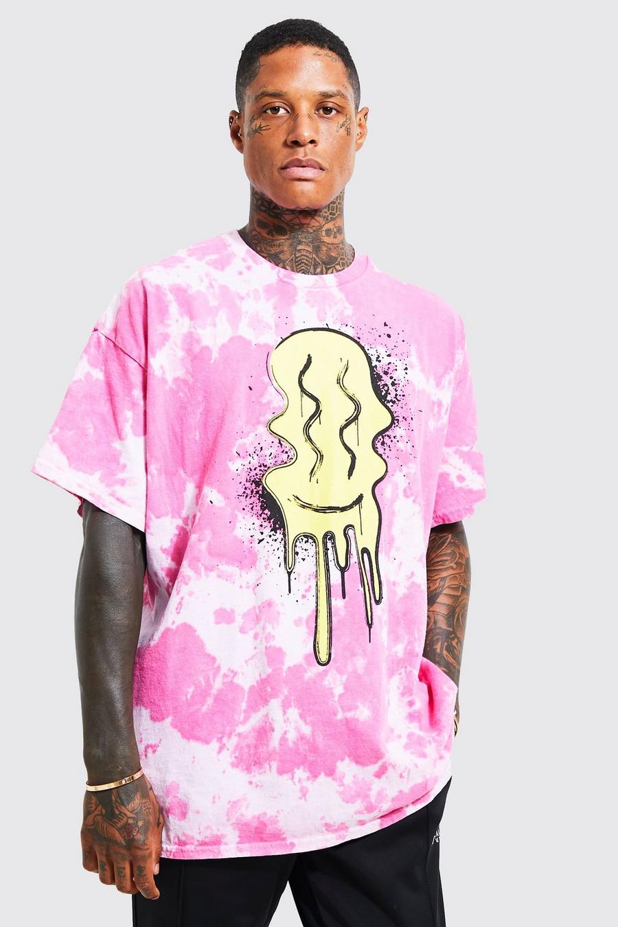 Camiseta oversize con desteñido anudado y cara goteando, Pink image number 1