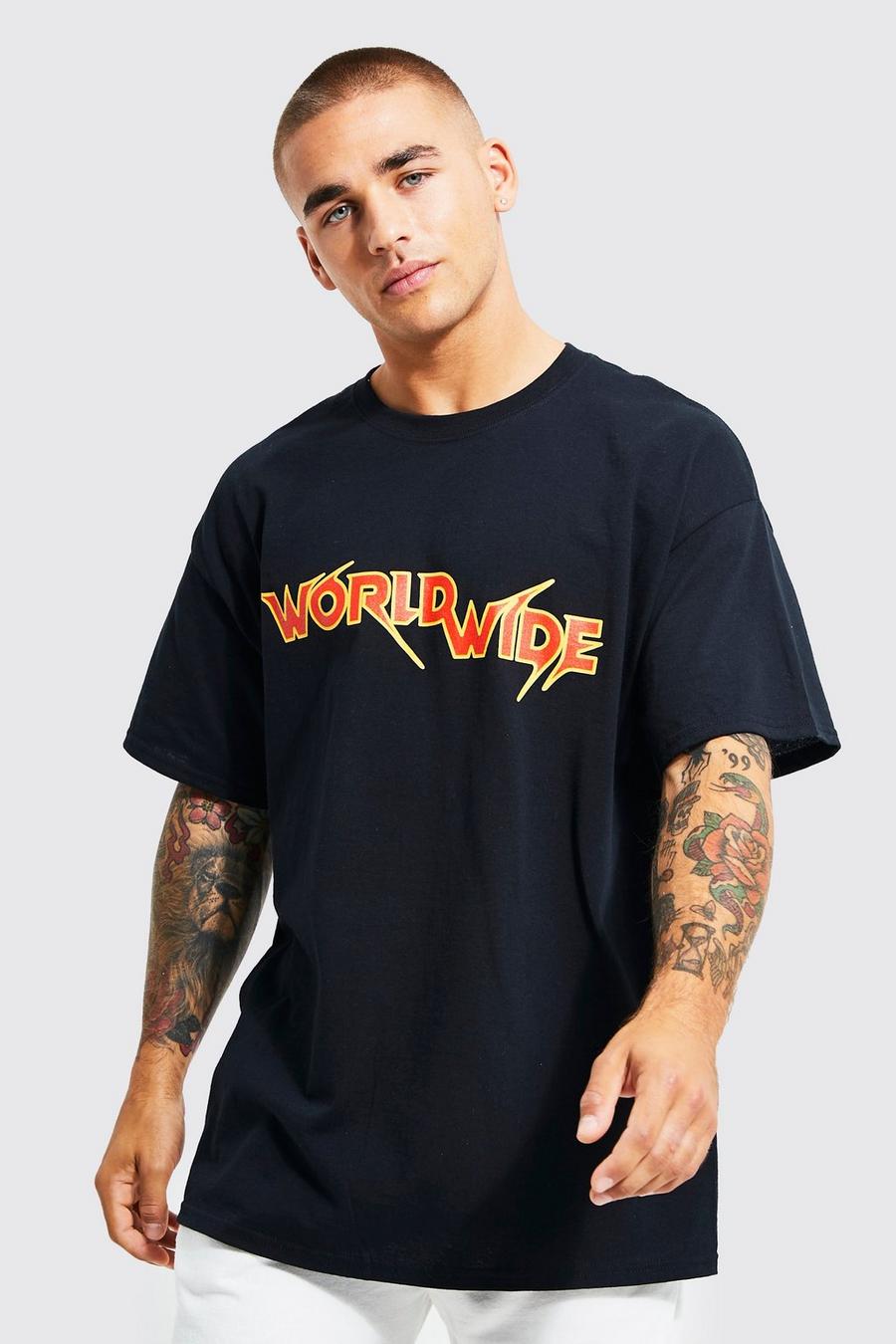 Oversize T-Shirt mit Worldwide-Slogan, Black noir