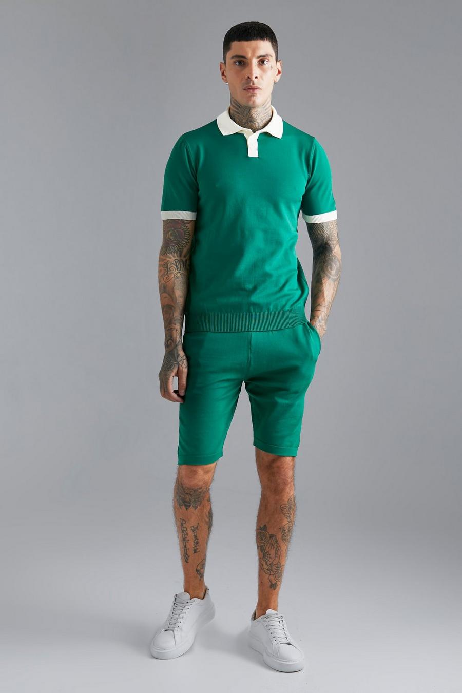 Green Short Sleeve Contrast Knit Polo & Shorts Set image number 1