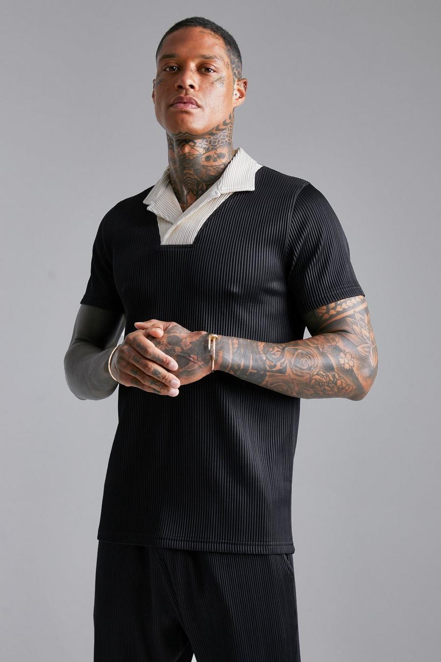 Black Pleated Contrast Revere  Slim Polo  image number 1