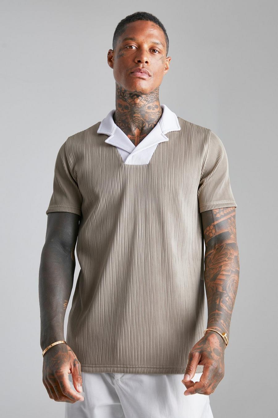 Taupe Pleated Contrast Revere  Slim Polo  image number 1