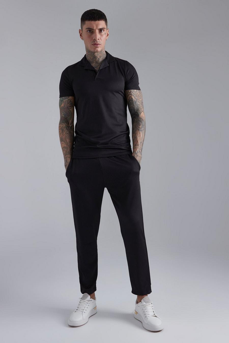 Black Pleated Slim Revere Polo And Jogger Set image number 1