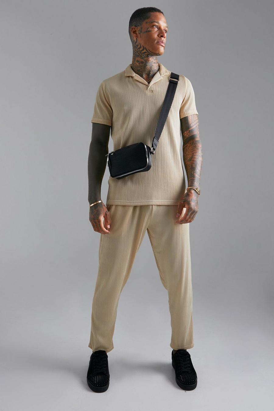 Sand Pleated Slim Revere Polo And Jogger Set image number 1