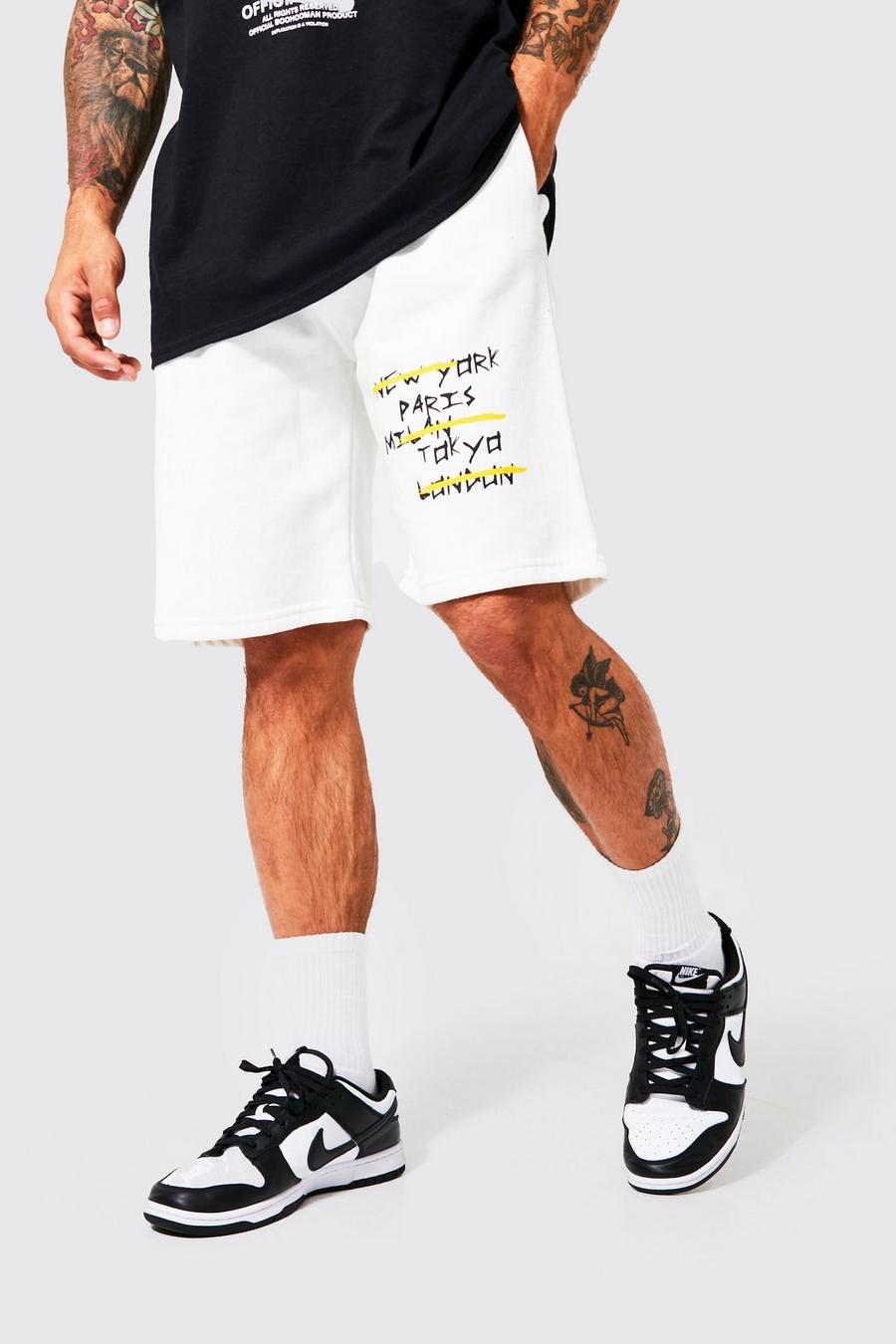 White Loose Fit Graffiti City Graphic Jersey Shorts image number 1