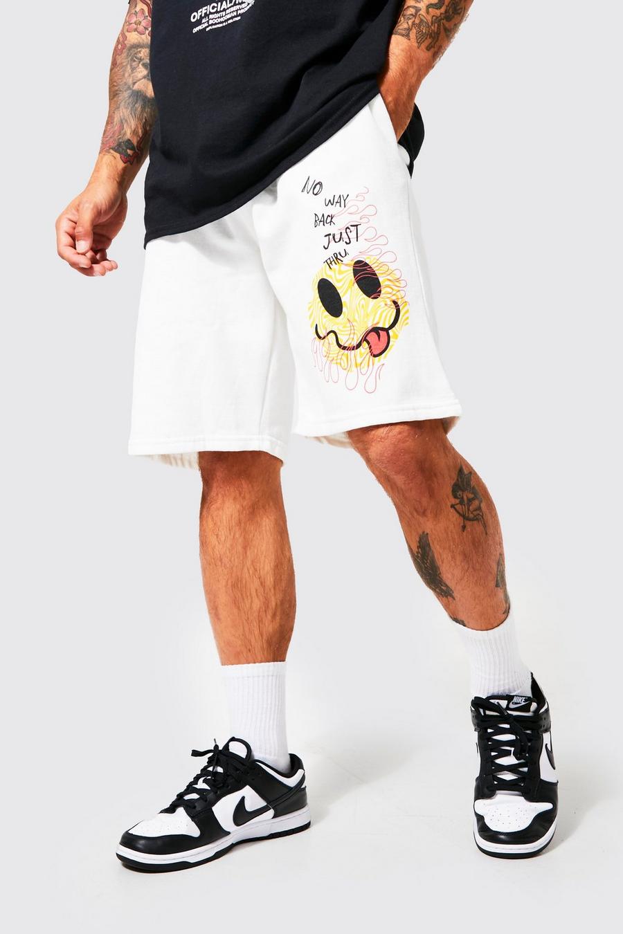White Slim Fit Doodle Face Graphic Jersey Shorts image number 1