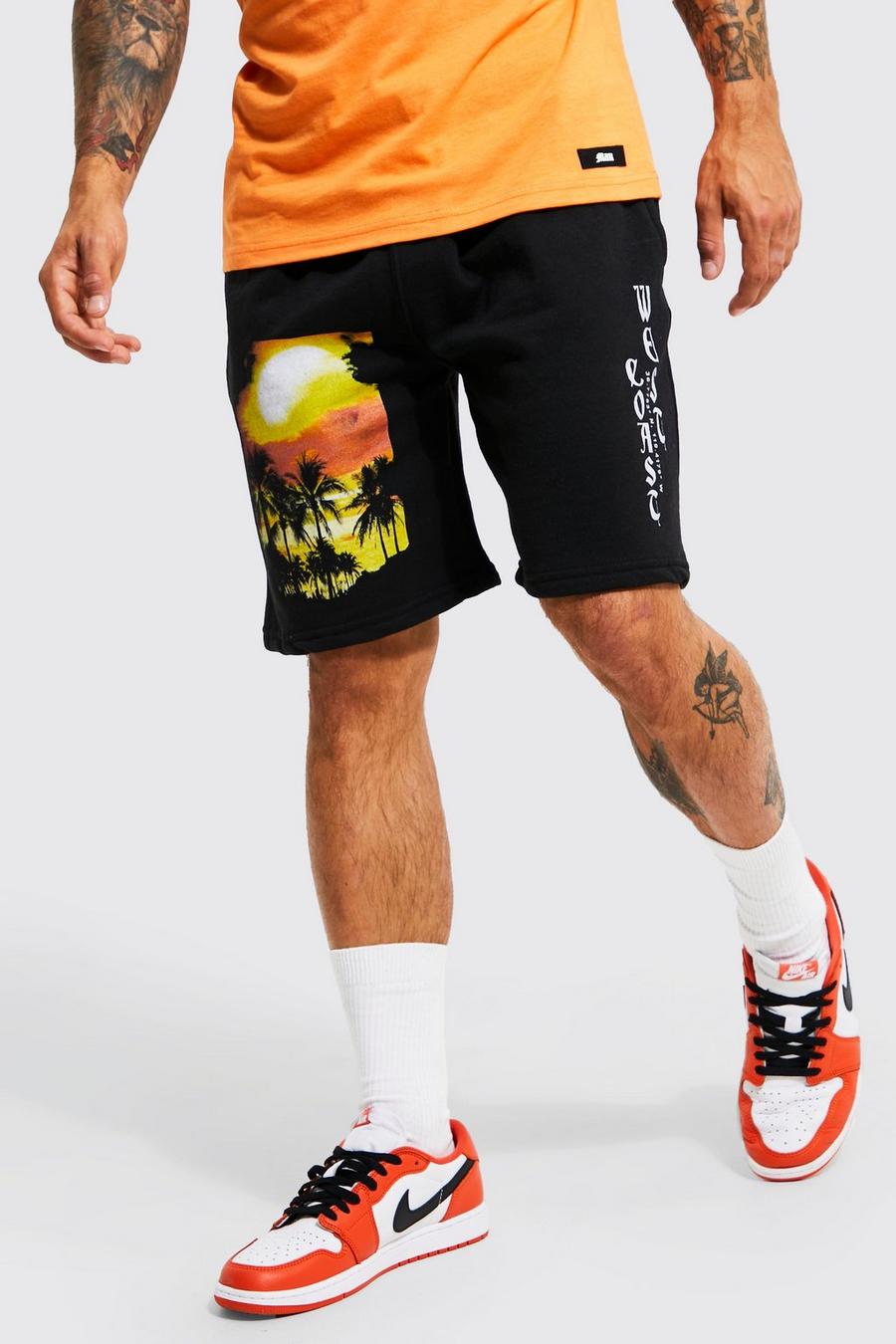 Black Slim Fit Photographic Palm Jersey Shorts image number 1