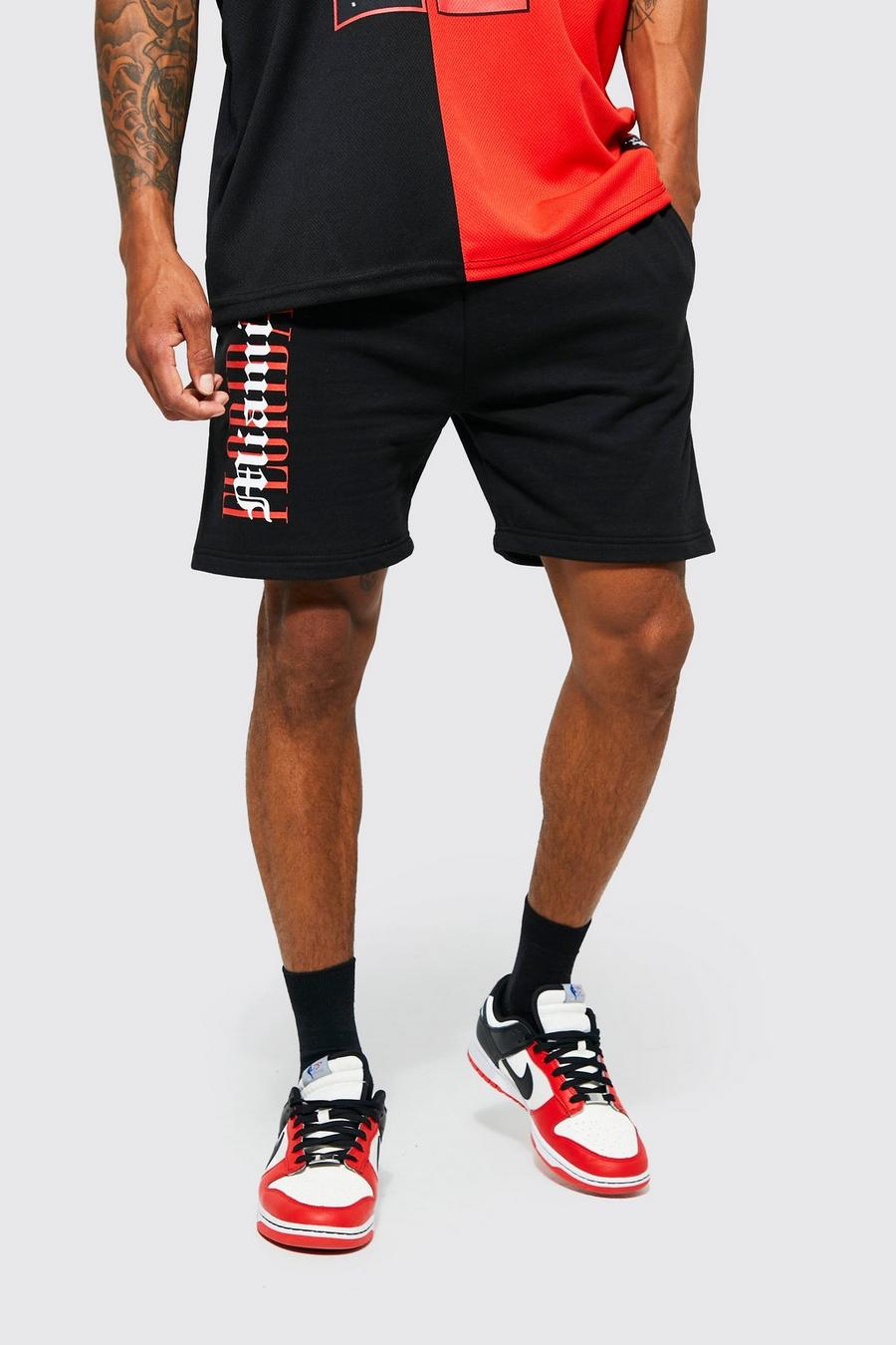 Black Shorts Length Raw Hem Graphic Jersey Shorts