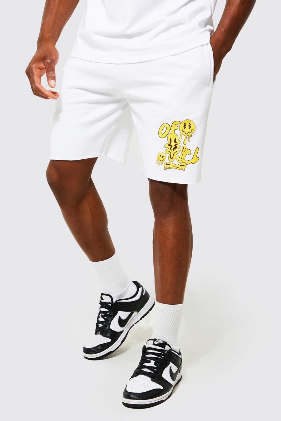White Shorts Length Raw Hem Graphic Jersey Shorts