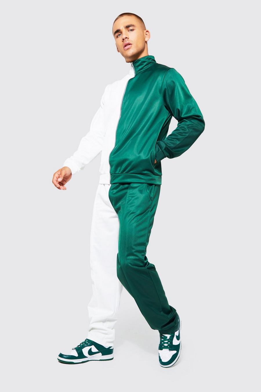 Green Extended Funnel Neck Tricot Spliced Tracksuit image number 1