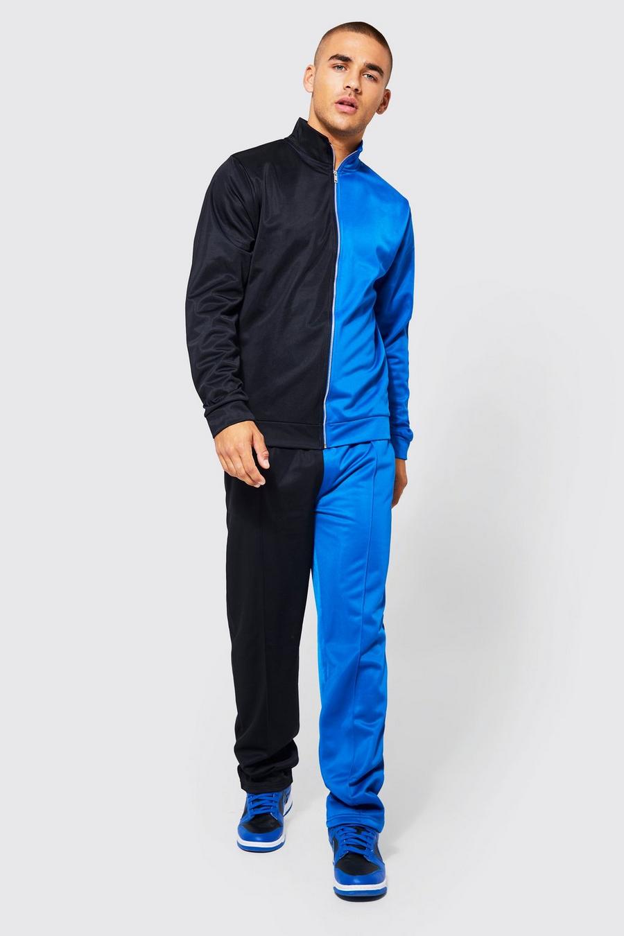 Blue Extended Funnel Neck Tricot Spliced Tracksuit image number 1