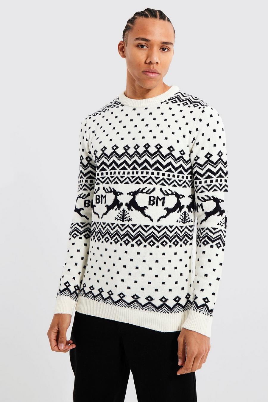 White Tall Bm Reindeer Christmas Sweater image number 1
