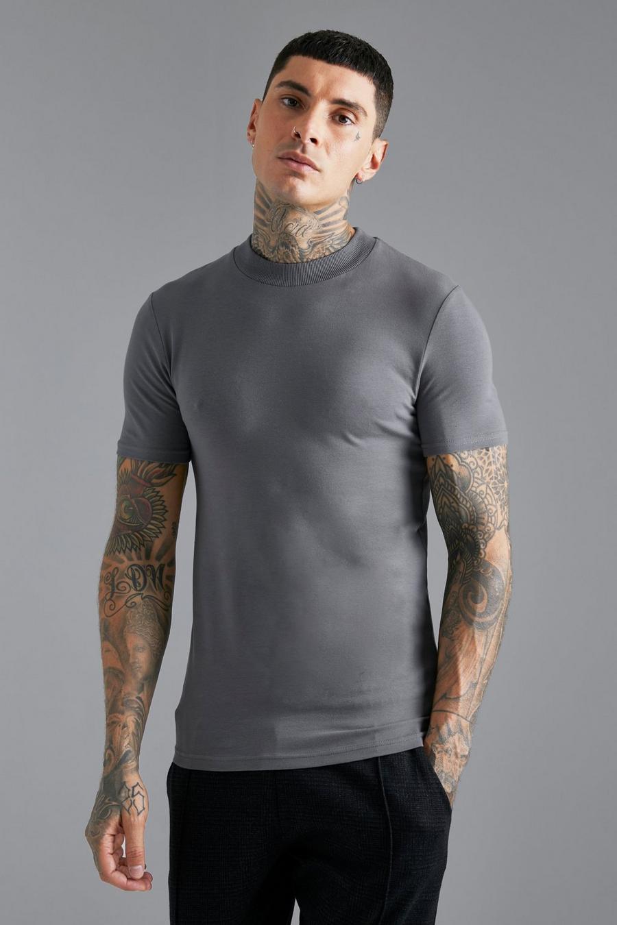 Charcoal Muscle Fit T-Shirt Met Brede Nek image number 1