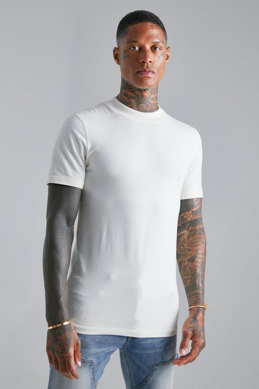 Camiseta con cuello extendido ajustada al músculo, Ecru blanco
