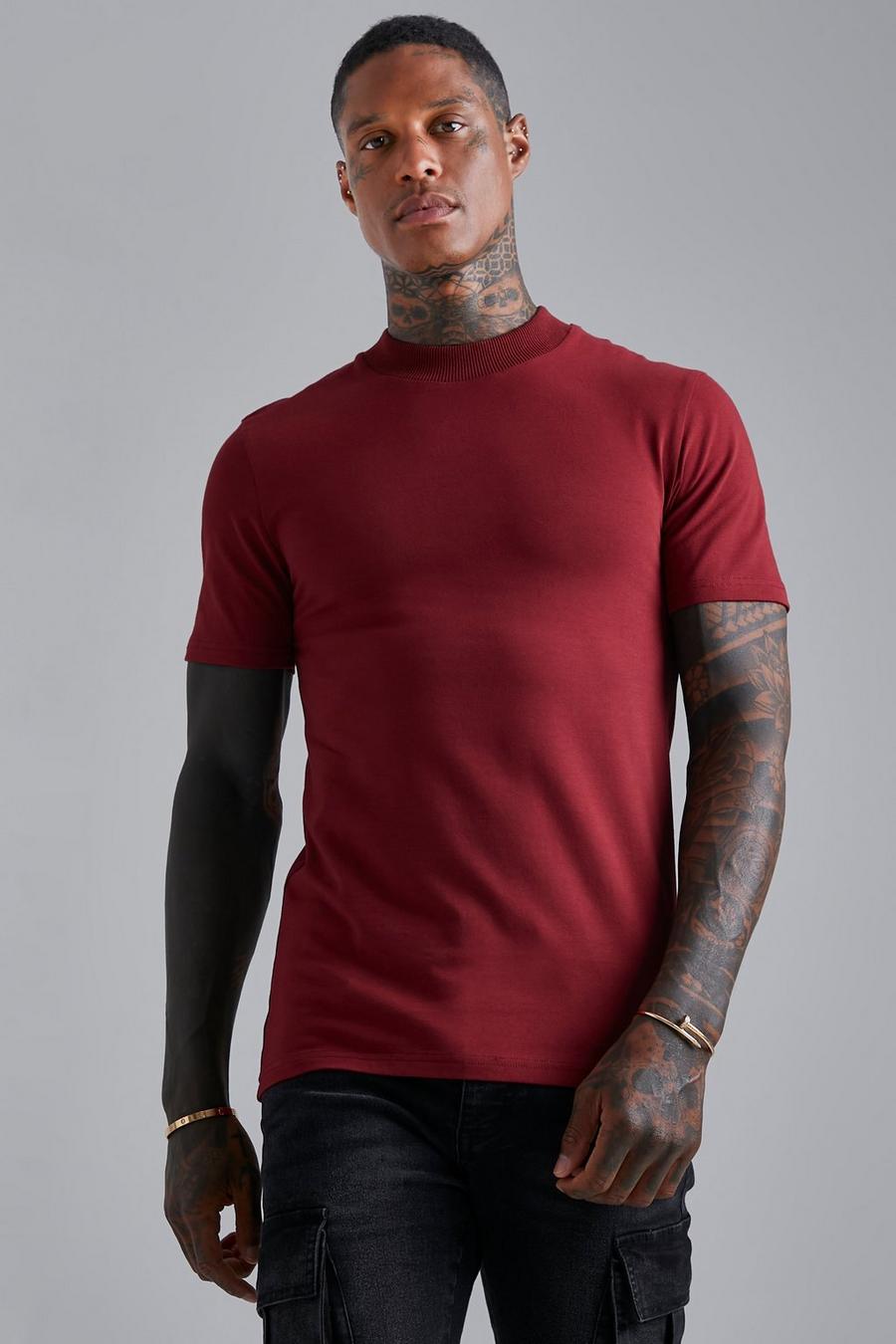 Burgundy Muscle Fit T-Shirt Met Brede Nek image number 1