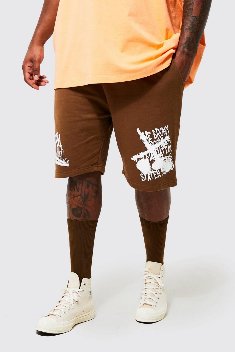 Plus Jersey-Shorts mit New York Print, Chocolate image number 1