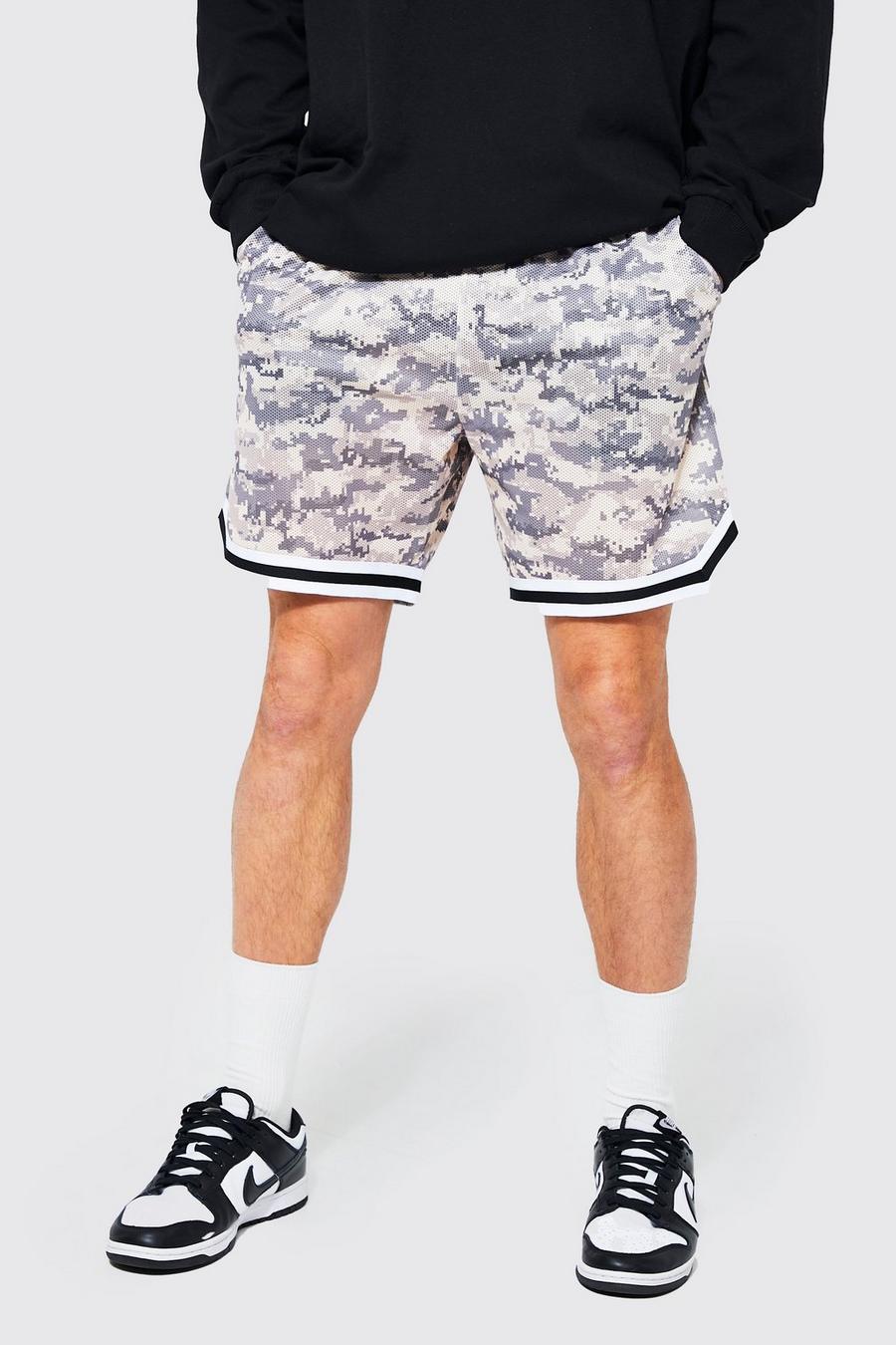 Pantaloncini Tall in rete in fantasia militare con coste sportive, Ecru image number 1