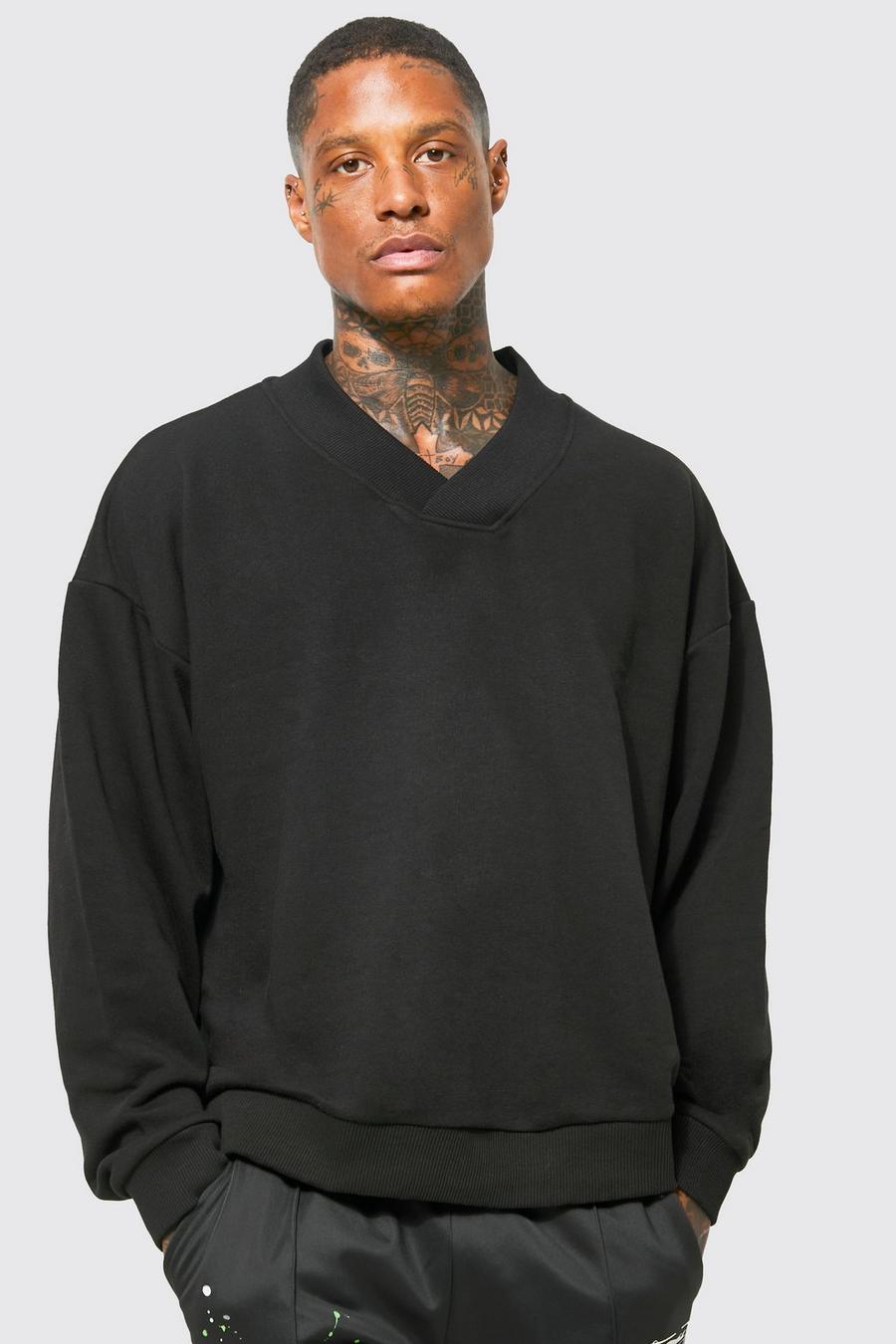 Black Oversized Heavyweight Loopback V-neck Sweater image number 1