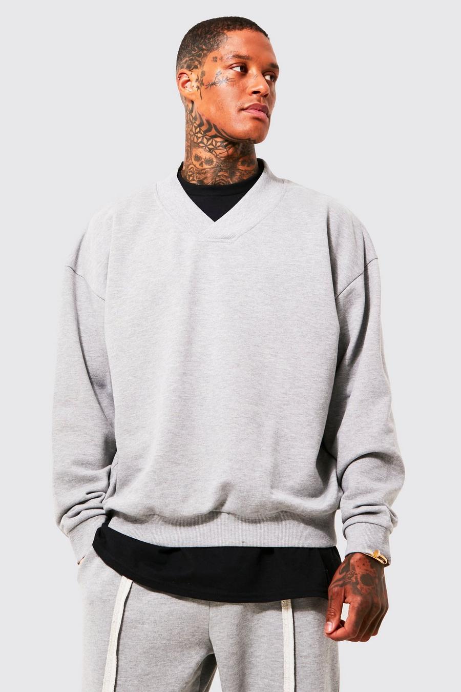 Grey marl Oversized Heavyweight Loopback V-neck Sweater image number 1